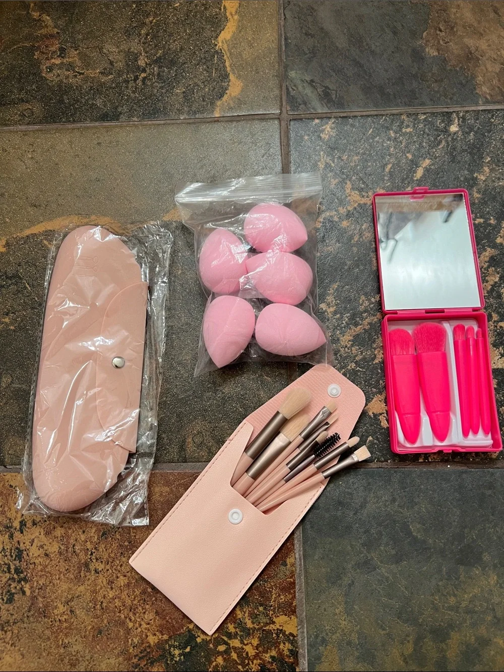 Pink Makeup Brush and Sponge Set with Travel Case